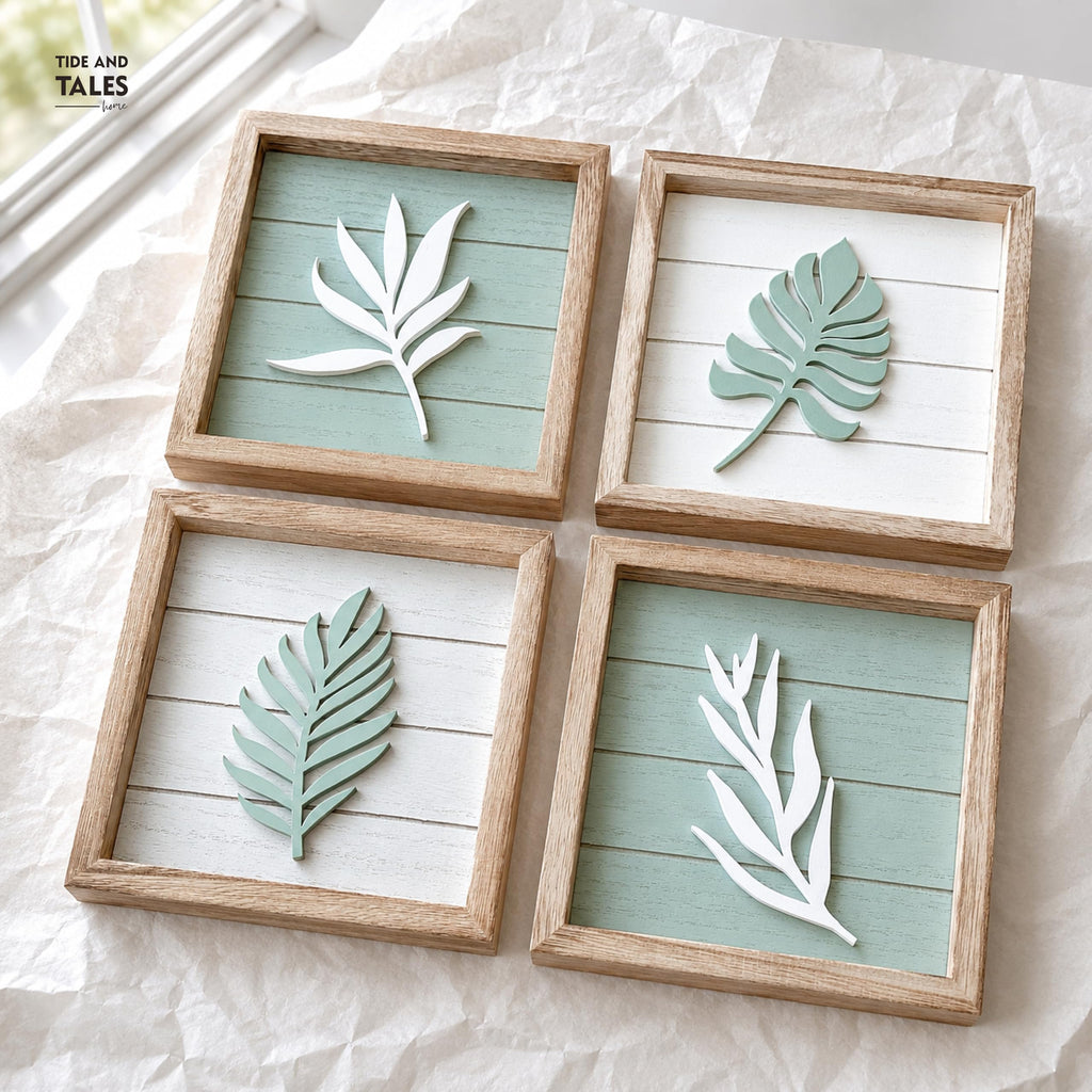 3d Sage Green Framed Wall Art, Set of 4, Bathroom Decor