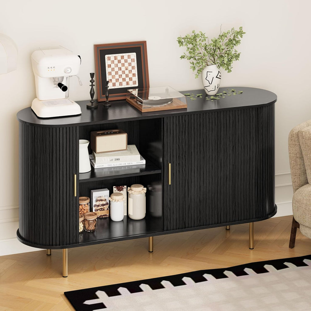 Sideboard Buffet Cabinet with Storage,Mid Century Modern Fluted Accent Coffee Bar Console Table,Tambour Sliding Doors&