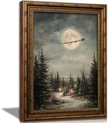 Vintage Santa Sleigh Framed Wall Art Antique Christmas Night Full Moon Snowy Winter Forest Farmhouse Holiday Wall