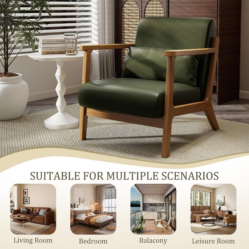 Accent Chair and Ottoman Set, Mid-Century Modern Faux Leather Upholstered Lounge Armchair with Pillow, Solid Wood - Set of 2