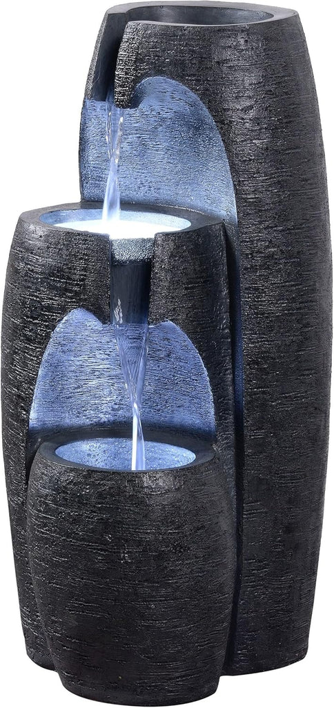 3-Tier Cascading Urn Outdoor Water Fountain - Cool Glow Lighting with Adjustable Flow & Electric Pump, Black