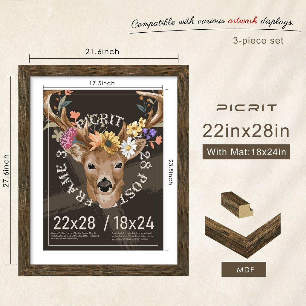 22x28 Rustic Brown Poster Frame, Picture Frame for Wall, 3 Pack