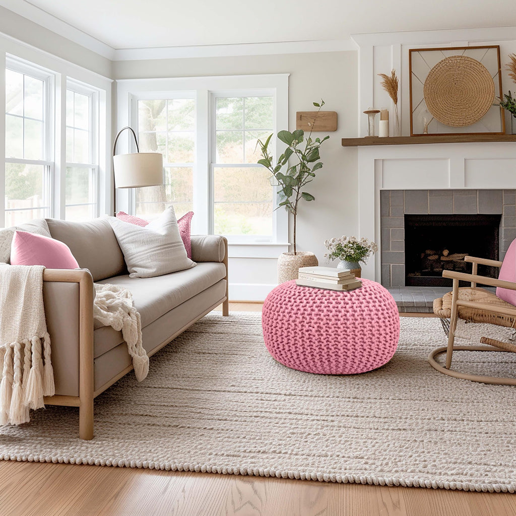 Round Pink Pouf - Hand Knitted Cotton Braid Cord Dori Ottoman