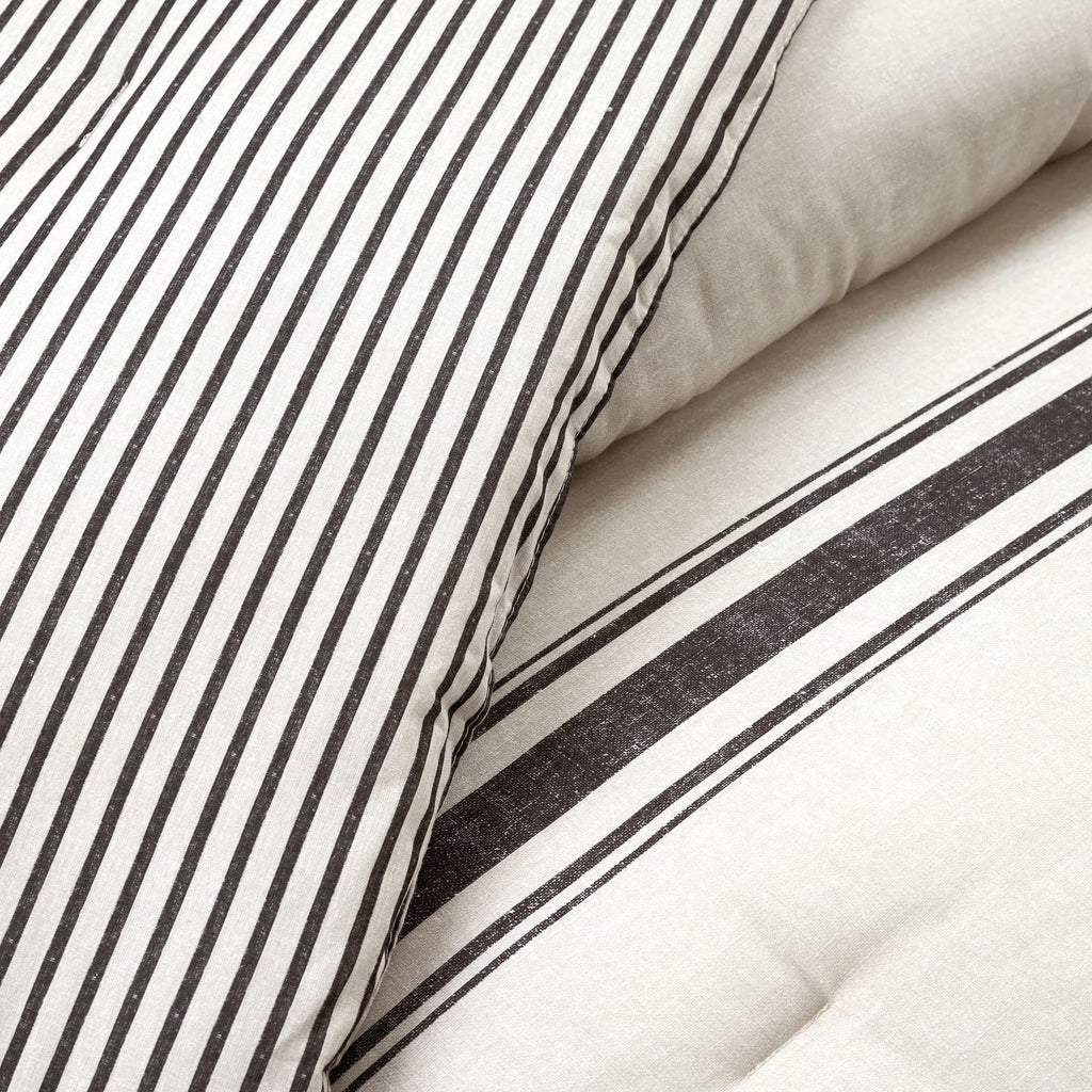 Farmhouse Stripe Reversible Cotton Comforter Set, 3 Piece Set, Black - Cozy Farmhouse Bedding Set - Rustic