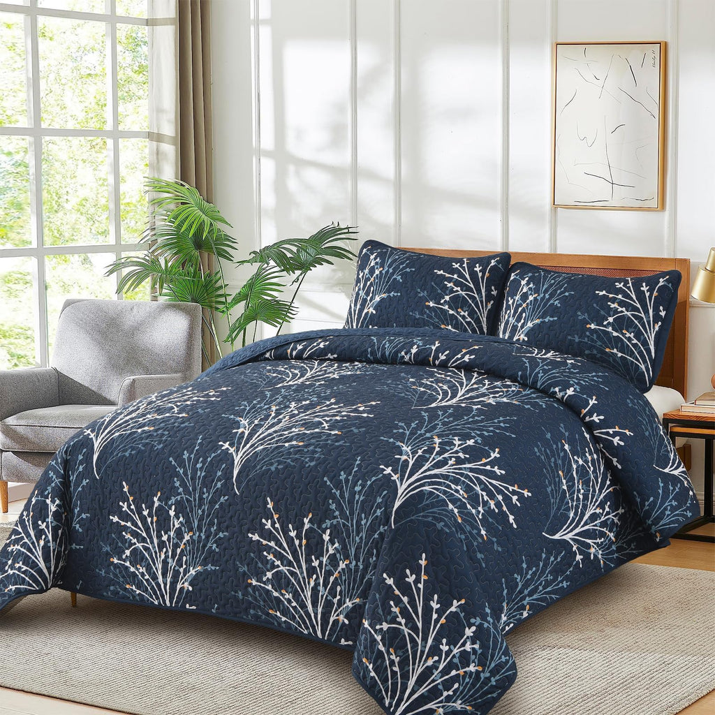 Navy Quilt Set Branch Botanical Bedspread Coverlet Set