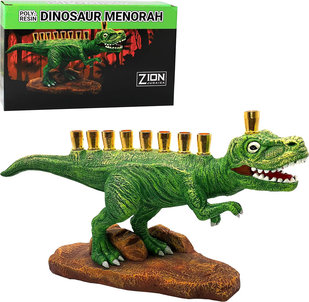Zion Judaica Green Dinosaur Polyresin with Brass Cups Functional Kids Dino Candle Fits Standard Chanukah Candles