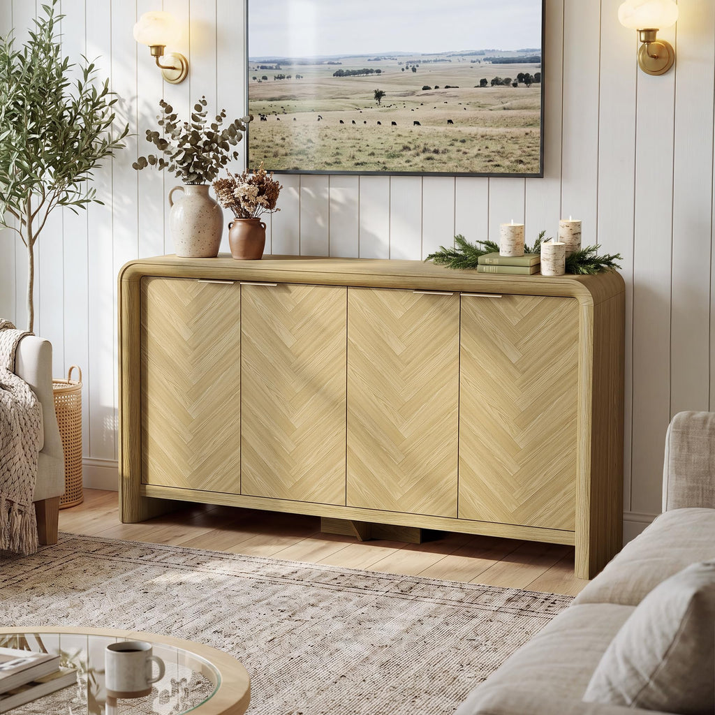 55" Buffet Cabinet with Storage, Herringbone Sideboard Cabinet, Oak