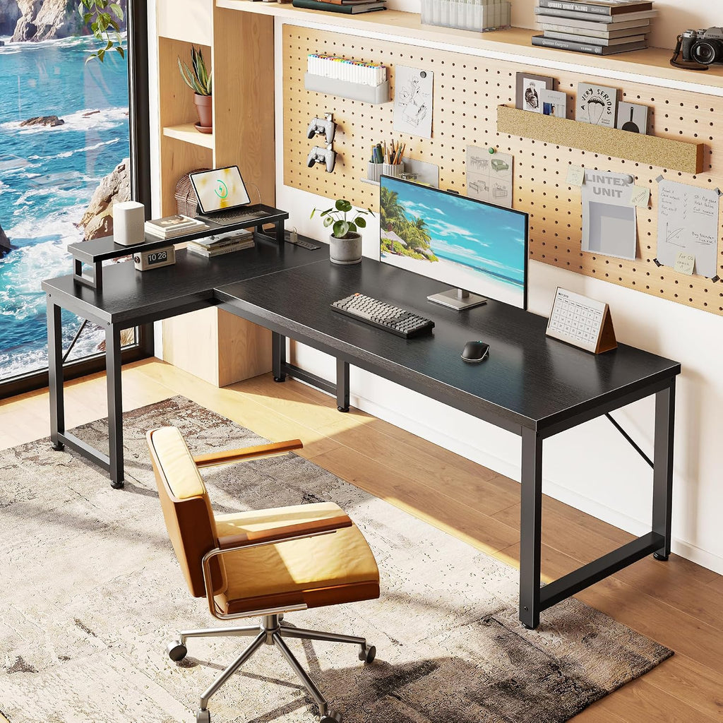 53" L Shaped Computer Desk, Power Outlets, Monitor Stand, Black | USB-C Ports, Reversible Charging Station, Spacious