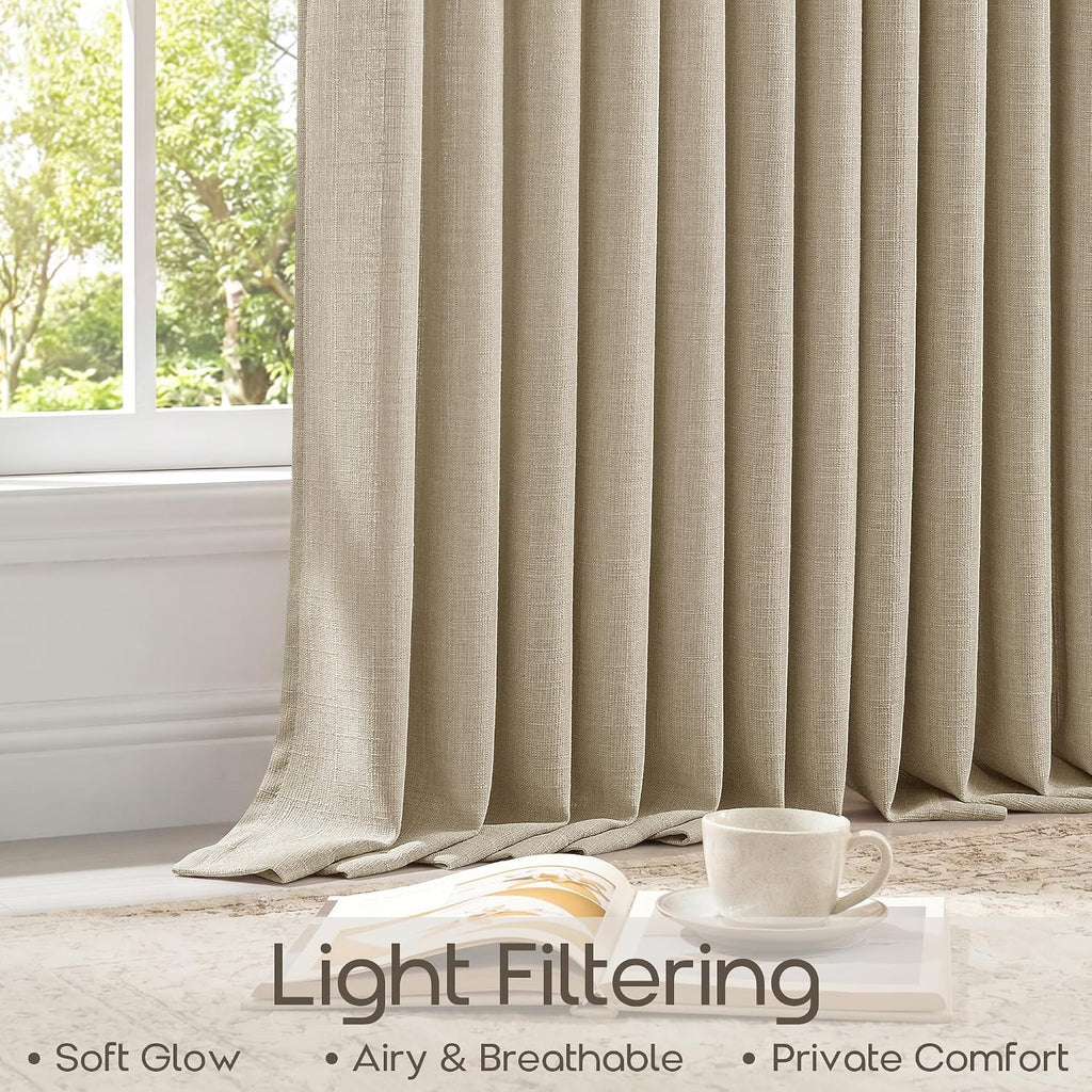 Oatmeal Flax Linen Pinch Pleated Semi Sheer Boho Curtains 90 Inches Long