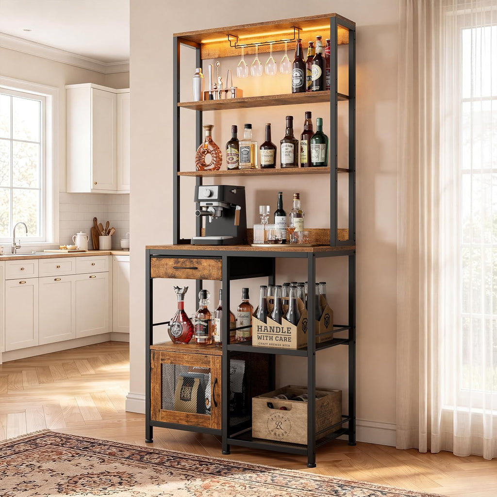 67.7" Tall Bar Cabinet with Power Outlets | Coffee Bar Cabinet, Glass Holder, Liquor Cabinets with LED Lights, Mini