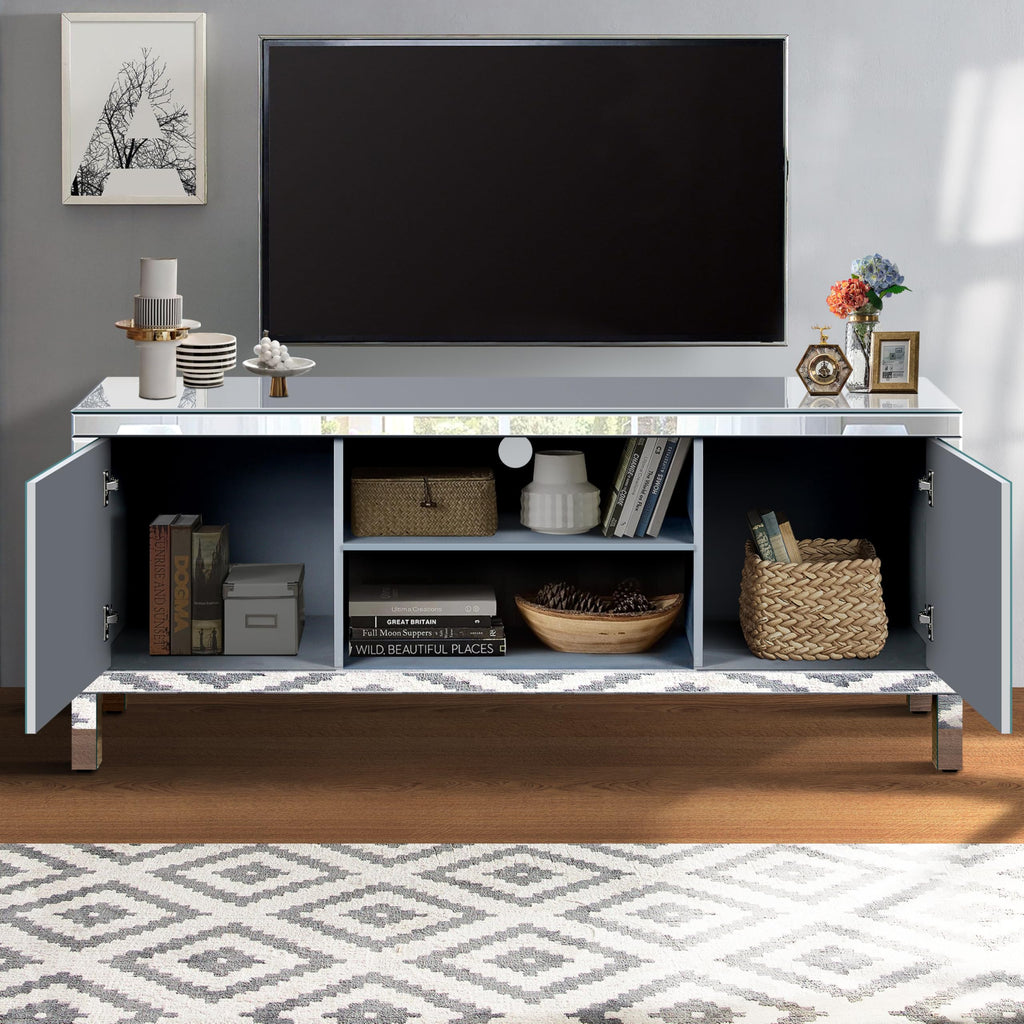 59" Mirrored TV Stand with Open Storage & 2 Storage Cabinets, Luxury Mirror Entertainment Center with Diamond