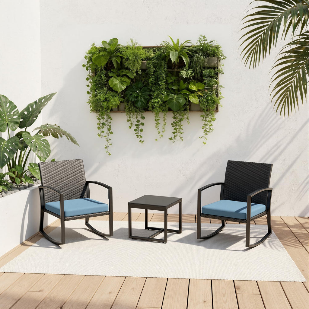 Rocking Patio Bistro Sets 3 Piece - All-Weather - Conversation Furniture Set, Wicker Rattan Outdoor Front Porch Chair