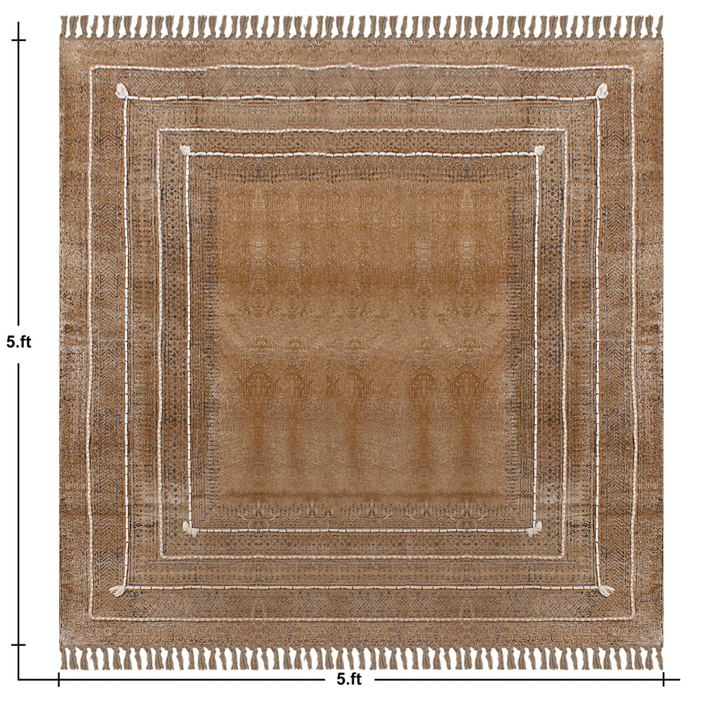 Area 5' Square Bronze & Black Cotton Dhurrie Bordered Thick 0.19 inches Stone Easy Washable Hand Wash Cotton Carpet