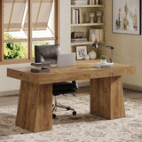 55" Executive Desk, Wooden Office Desk with Double Pedestal, Modern Simple Computer Writing Table, Light Brown