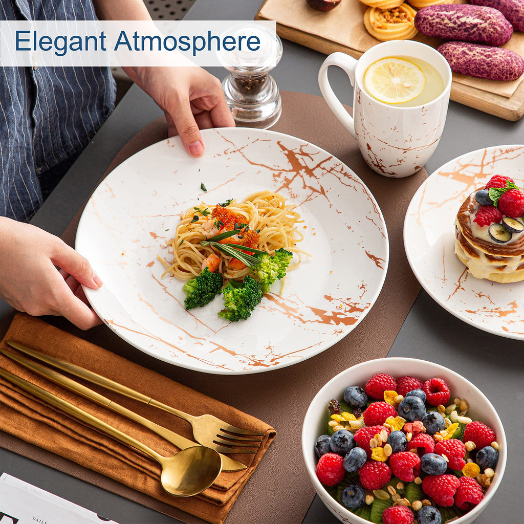 White Dinnerware Sets for 4, 16 Piece Porcelain Dish Set Plates and Bowls Sets, Gold Splash Glaze Ceramic Dinner Set