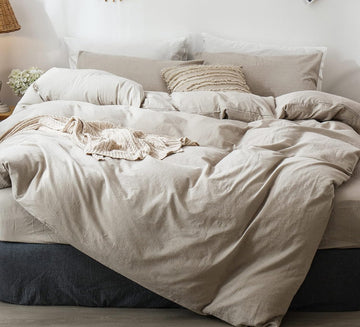 Bedding Duvet Cover Set 100% Washed Cotton Linen Like Textured Breathable Durable Soft Comfy (Heathered Tannish Linen