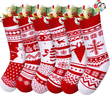 18" Christmas Knit Stockings, Large Rustic Yarn Xmas Stockings Bulk, Cable Knit Xmas Stockings with Snowflake - Set of 6
