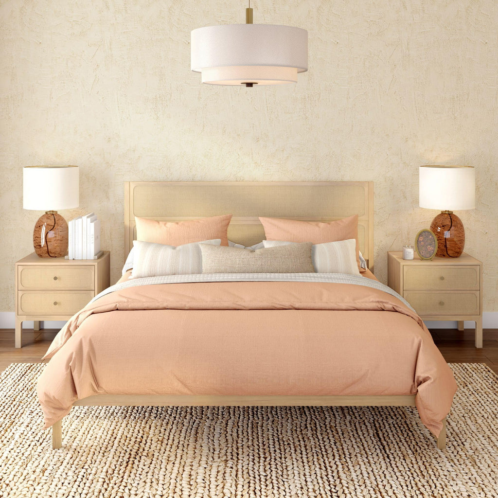 Elio Solid Pine Bed with Rattan Headboard, No Box Spring Needed, Wood Slat Roll Support, Metal Center Bar