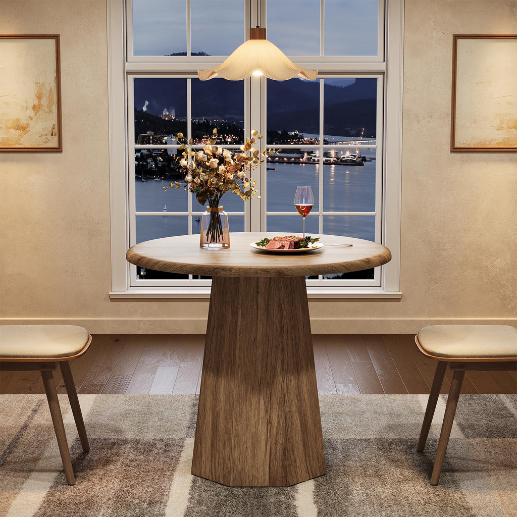 31.5" Round Dining Table for 4, Wood Kitchen Table, Small Dinner Table with Wooden Tabletop and Octagonal Base s