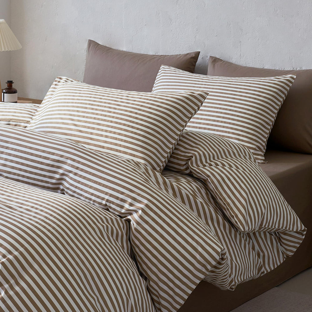 100% Cotton Printed Striped Duvet Cover Queen Set, Brown