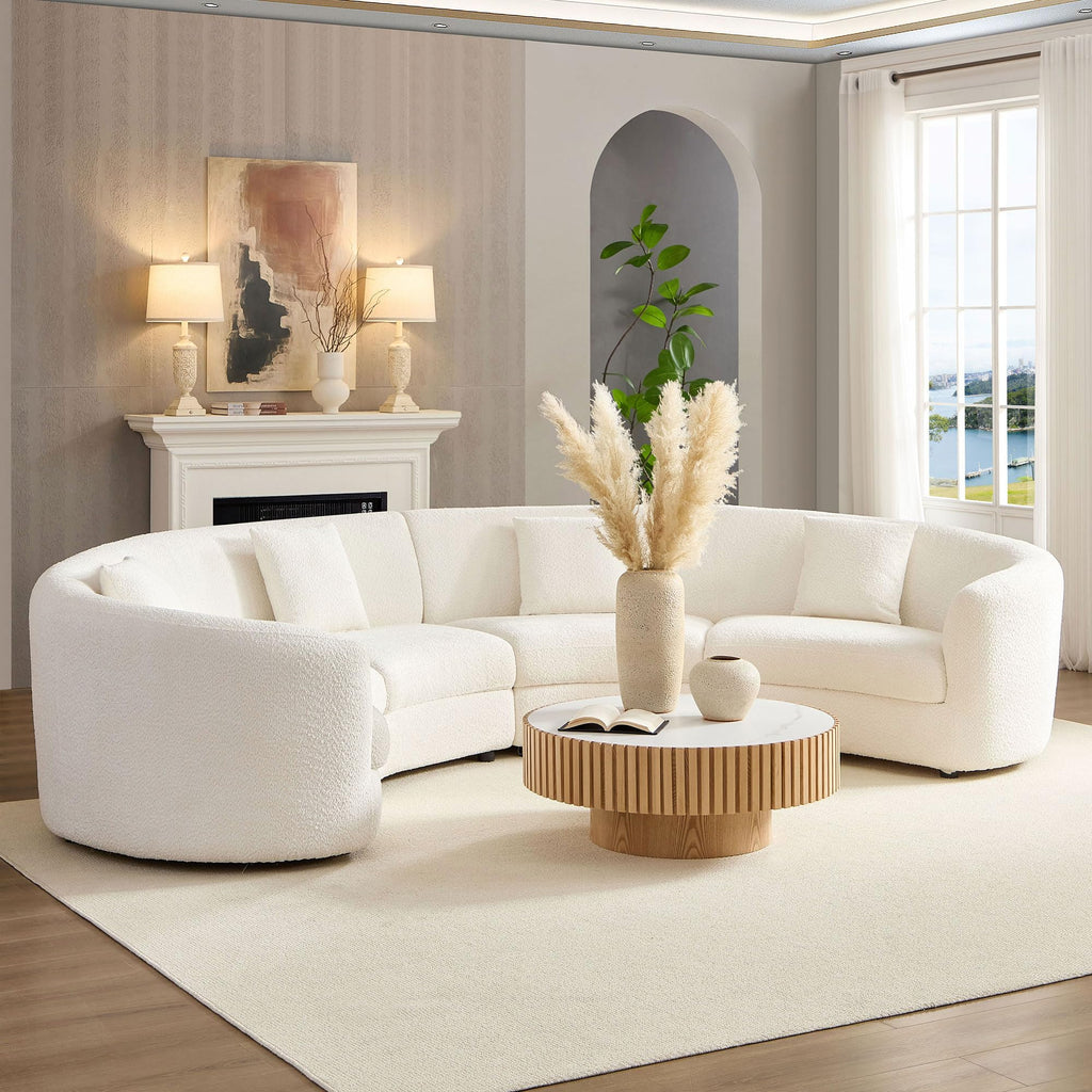 Curved Sectional Sofa, 140.94", 4 Seat, Pillows, Oversized, Boucle, White