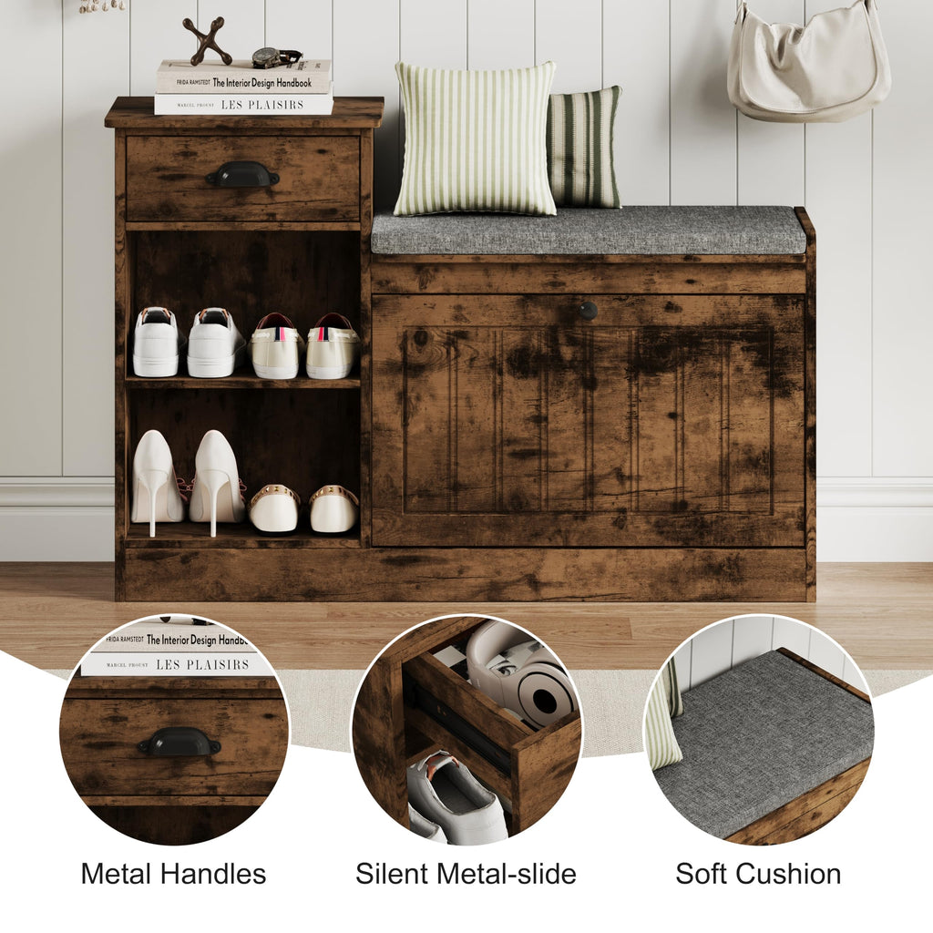 Shoe Storage Bench, Modern Wooden Shoe Cabinet, Vintage Brown