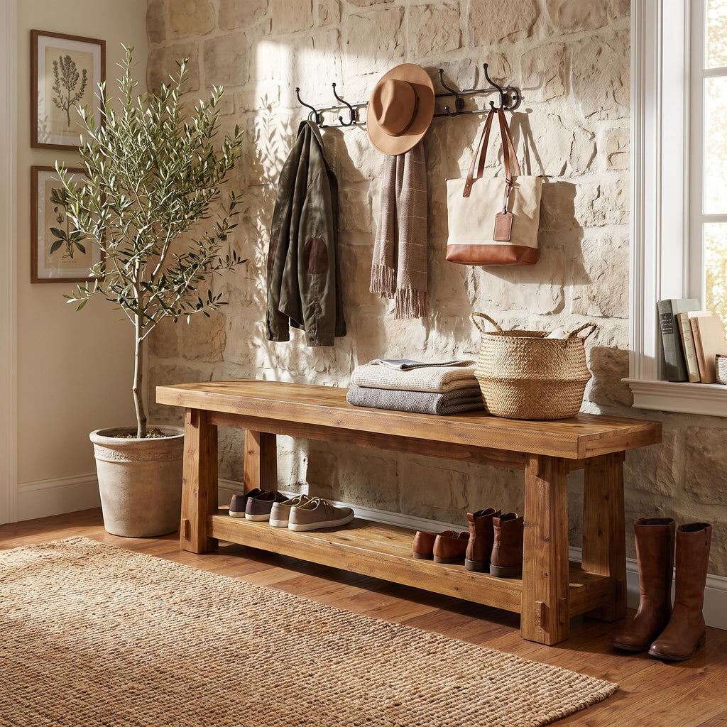 55" Wood Entryway Bench with Shoe Storage, Rustic Dining Bench