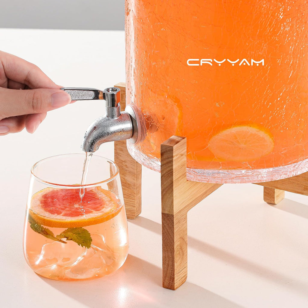 2 Gallon Glass Drink Dispenser with Stand, Beverage Dispenser with Wood Lid and Stainless Steel Spigot, Glass Water