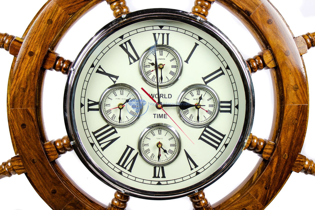 30" Premium Mahogany Crafted Large Nautical Ship's Wheel Times World Clock | Nautical Home Decor & Gifts (30 Inches
