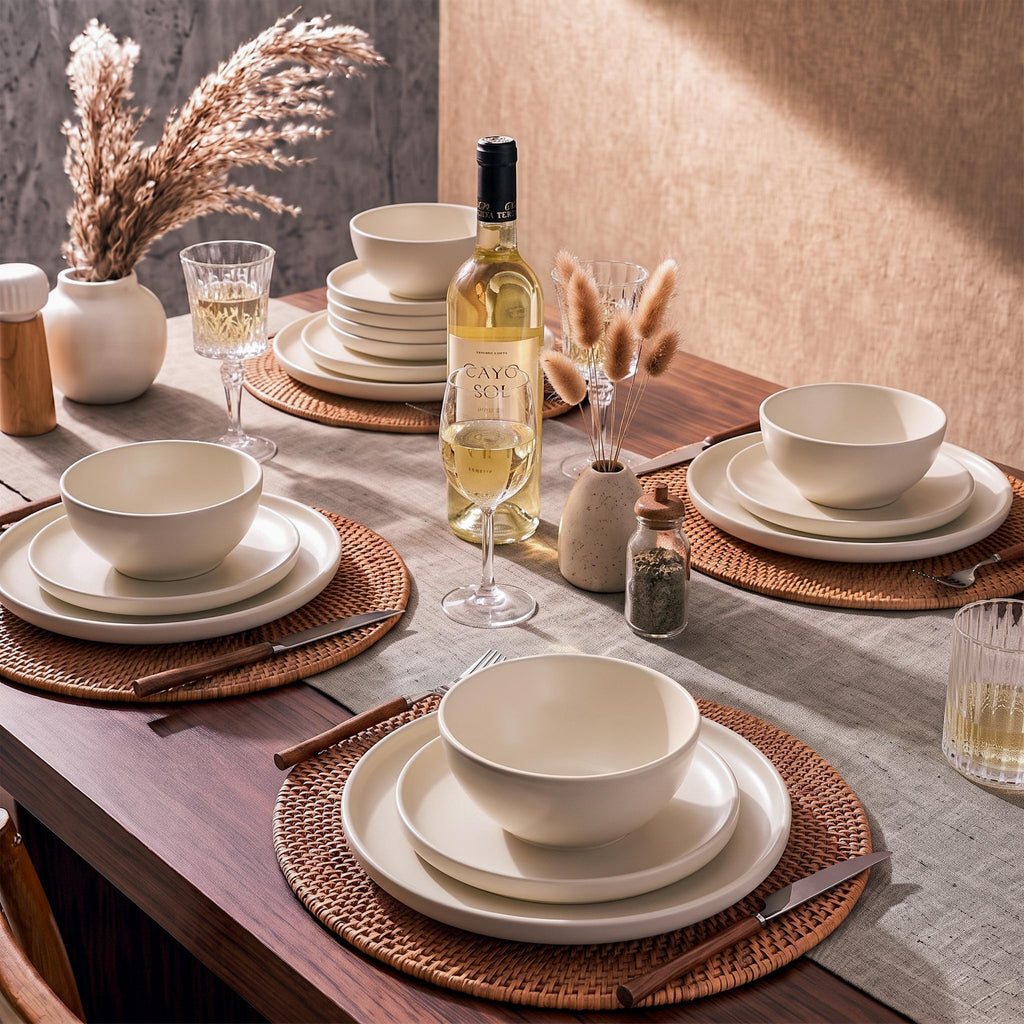 24 Piece Stoneware Dinnerware Sets, Ceramic Plates & Bowls Set for 8
