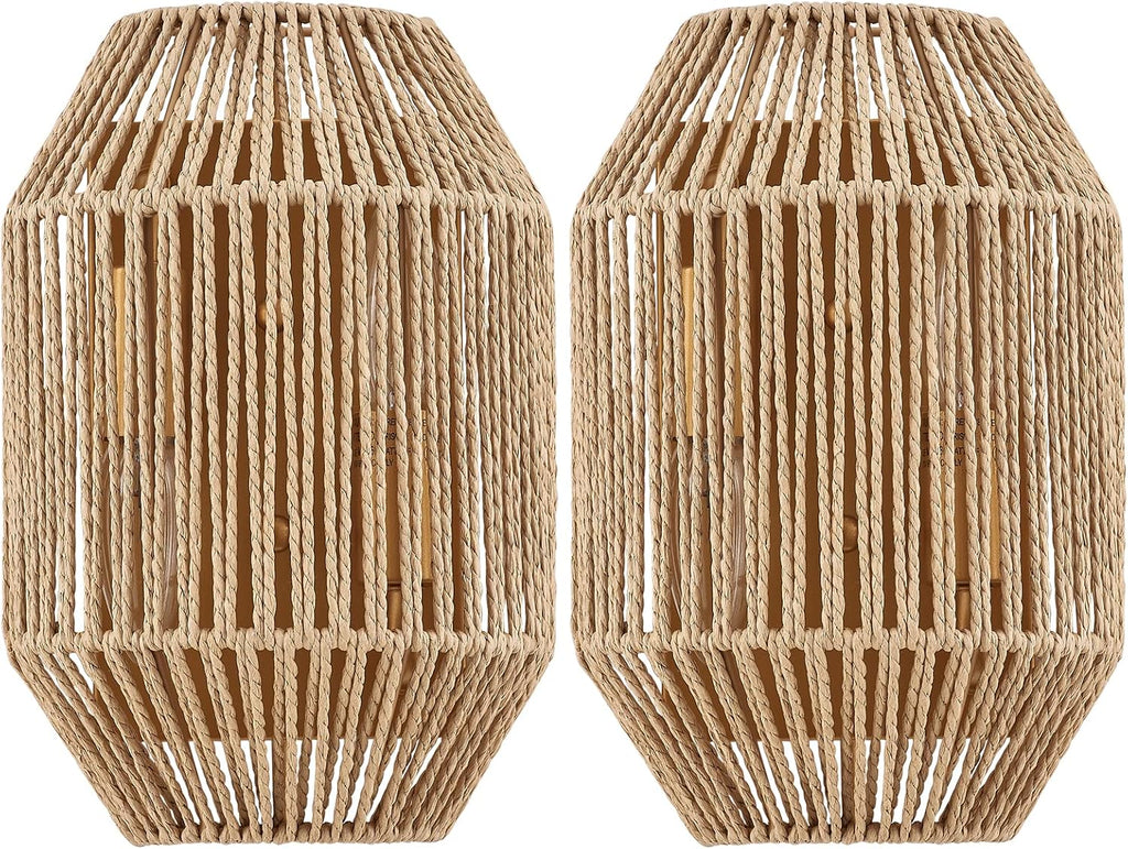 Natural Rattan Wall Sconce Set of 2, with Boho Woven Wicker Shade Antique Brass Brush Paint Finish for Vanity