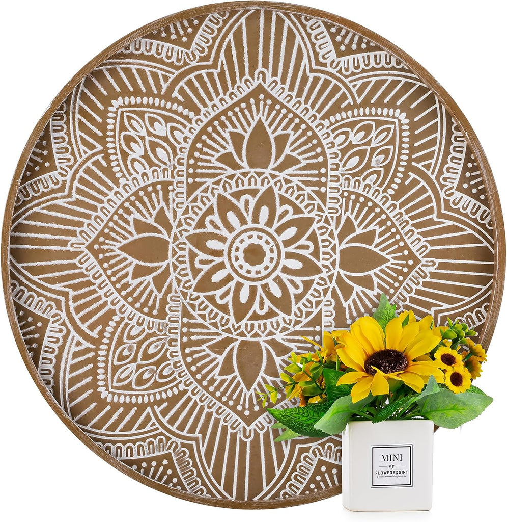 17" Large Round Decorative Tray Coffee Table Decor, Rustic Brown | Boho Mid Century Farmhouse Living Room Ottoman