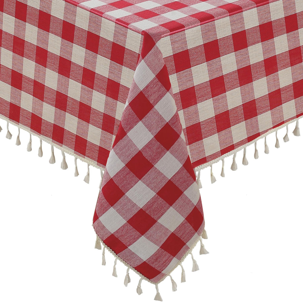 Red Gingham Tablecloth Rectangle 55 x 120 Inch, Farmhouse Cotton Linen Blend Table Cloth with Tassels, Washable