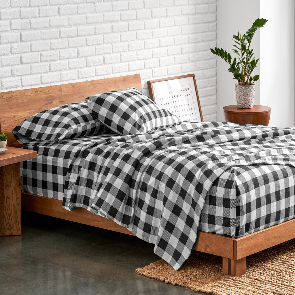 Flannel Sheet Set Prints (Full, Buffalo Plaid - White/Black)