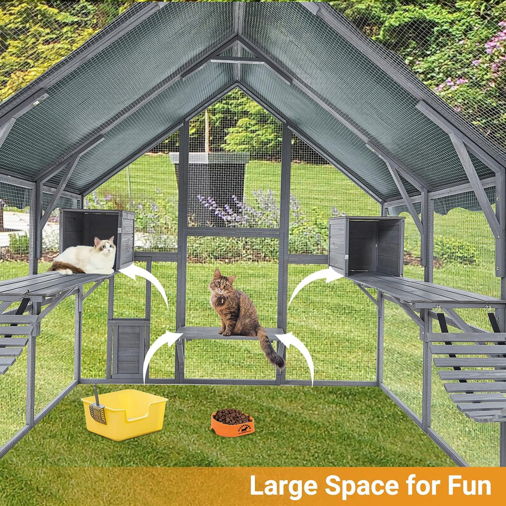 Large Outdoor Catio Cat Enclosure, 57 Sq Ft Walk‐in Wooden Cat House