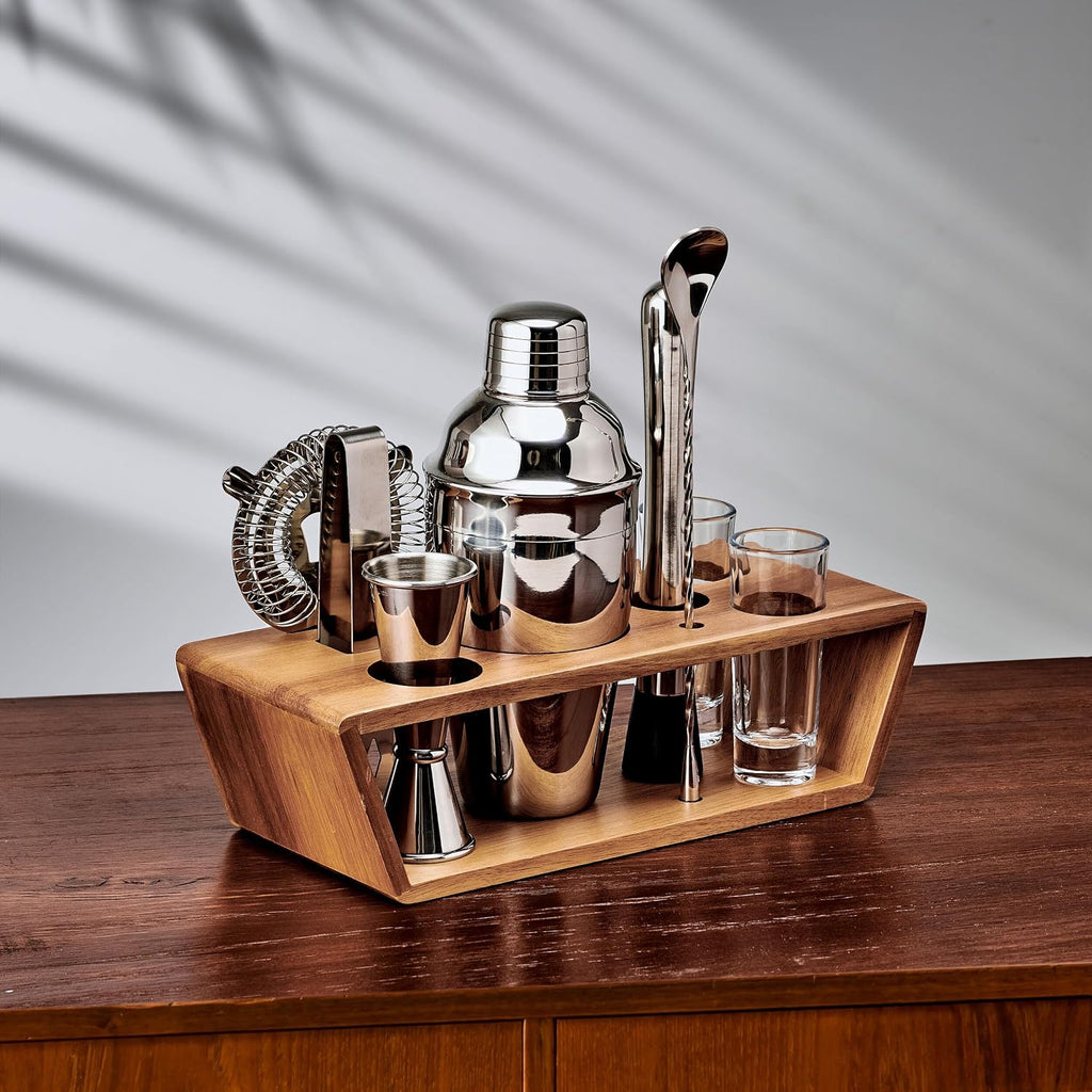 Glenwood Mixology Cocktail Shaker Bartender Stainless Steel with Acacia Wood Stand Bartool Set - Set of 8