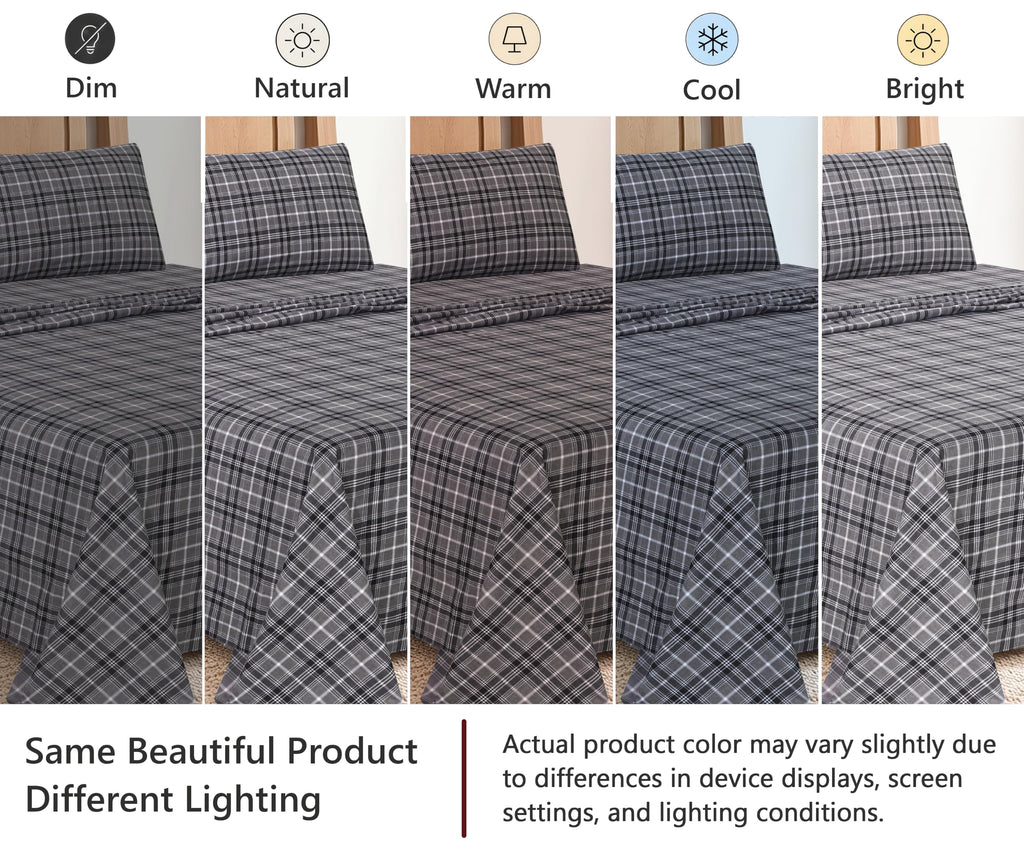 100% Cotton Flannel Sheets 4 Pcs Set, Grey Plaid