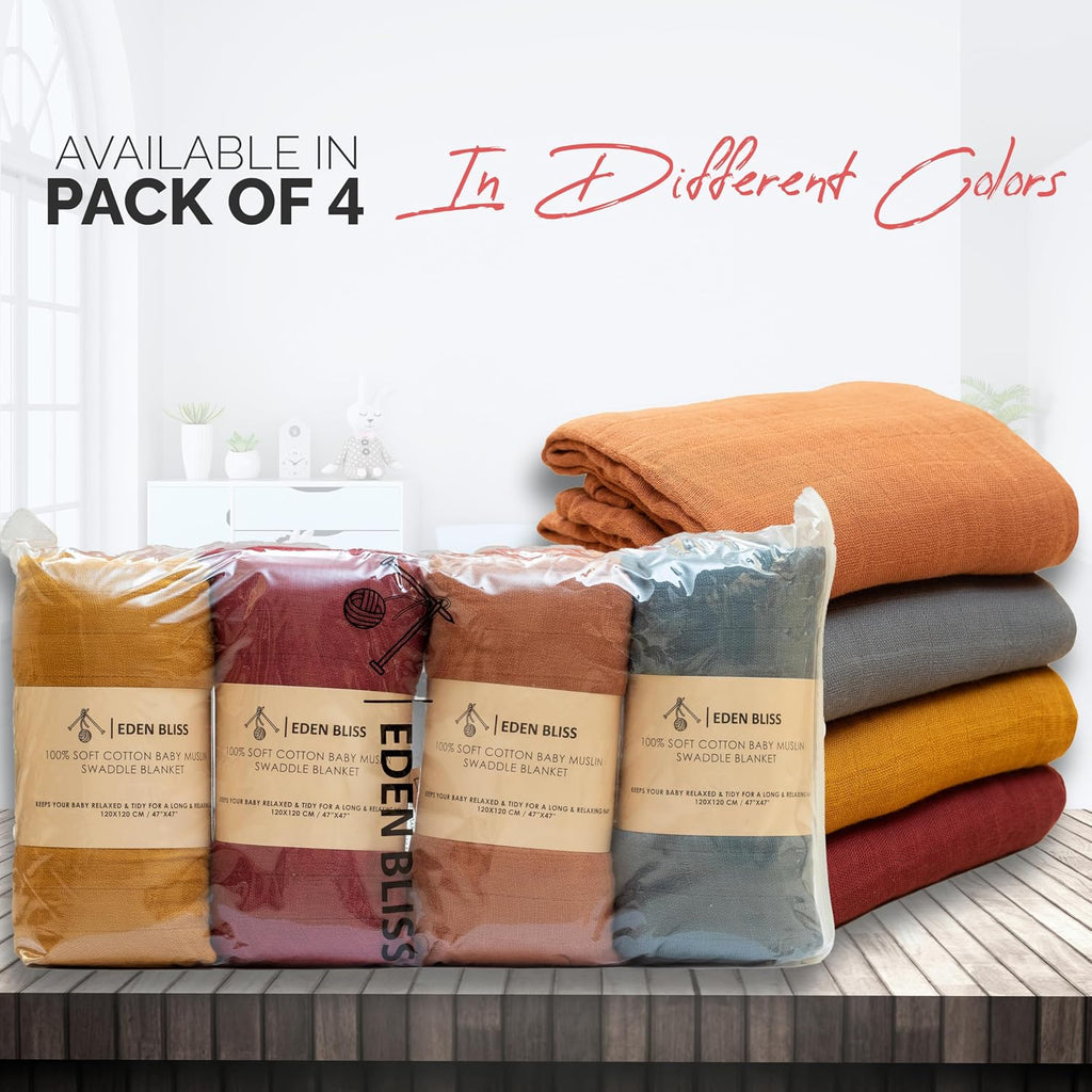 Pack of 4 Swaddle Blankets - Organic Cotton Muslin Baby Blanket for Swaddles 3-6 Months & 0-3 Months | Soft Swaddle