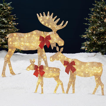 2D Moose Family Outdoor 3pc Christmas Yard Décor, 4ft Lighted Set Prelit All-Weather w/ 195 LEDs, Ground Stakes