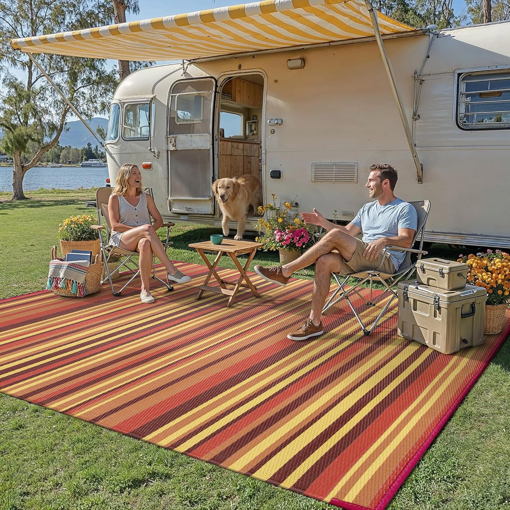 Outdoor Plastic Straw Rug Waterproof Patio 9x12 Red Orange Stripe Mat for Porch Camping RV Balcony D