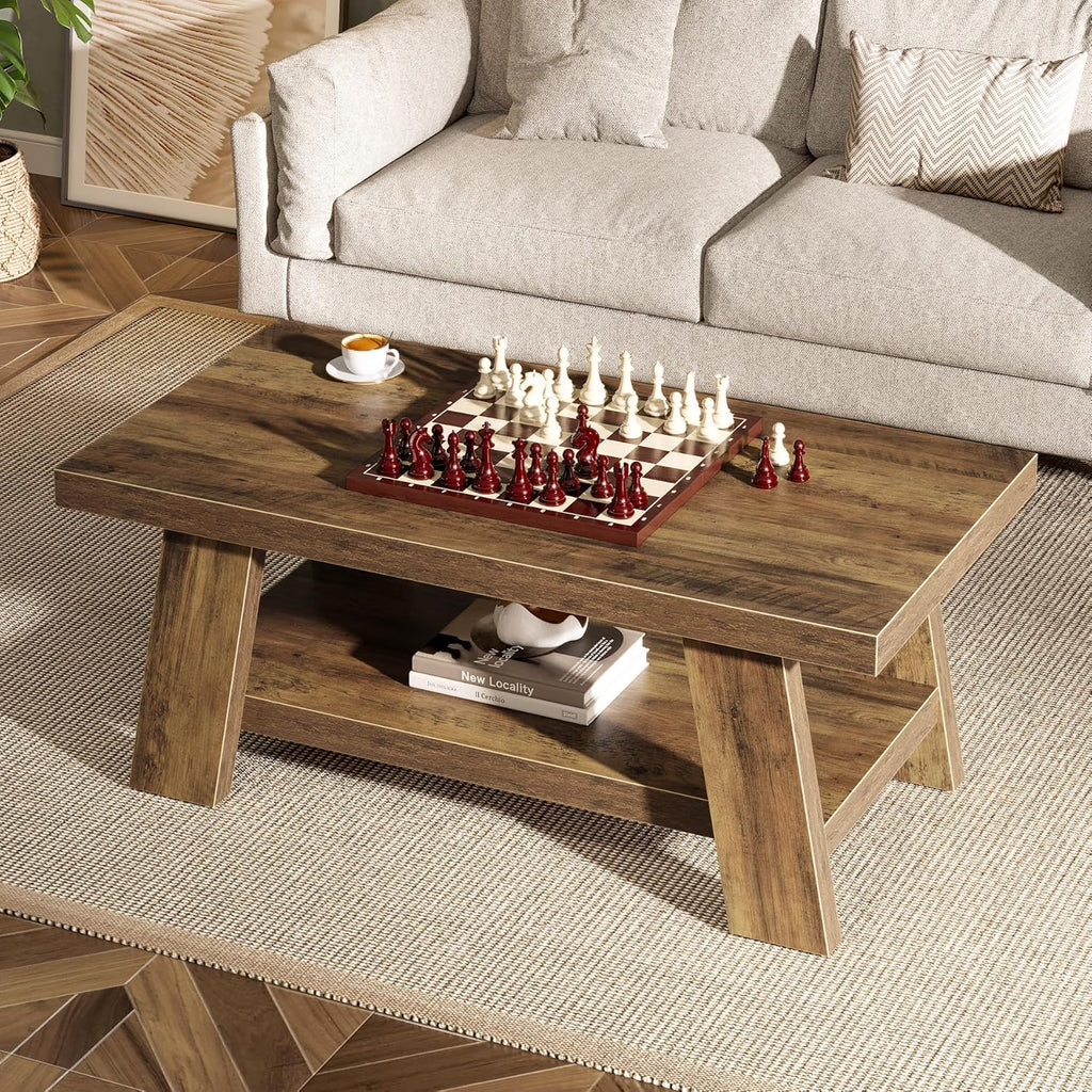 Farmhouse Coffee Tables, 47.24" Rectangle Coffee Tables with Storage Shelves, Rustic Wooden Center Table...