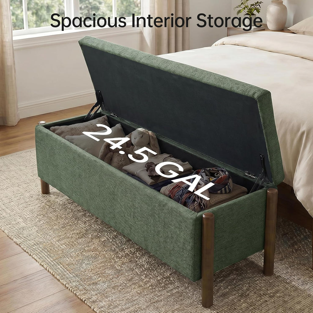 Wooden Storage Ottoman Bench, 47" Fabric Upholstered End of Storage Bench with Rubberwood Legs, Entryway Bench with