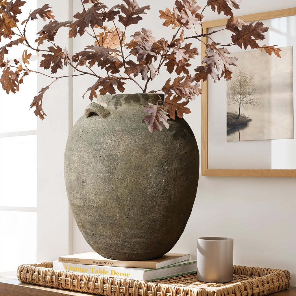 LuxenHome Rustic Ceramic Flower Vase,15 Inch Tall Brown Terracotta Vases | Terracotta Cauldron Vase Decor, Large