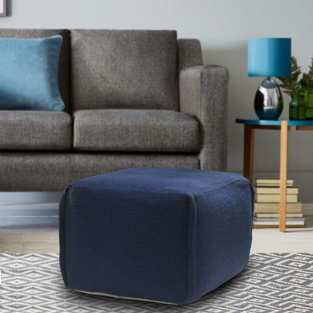 LR Home Handmade Contemporary Solid Square Indoor Medium Pouf Ottoman, Insignia Blue | Hand-Made Cotton Foot Rest
