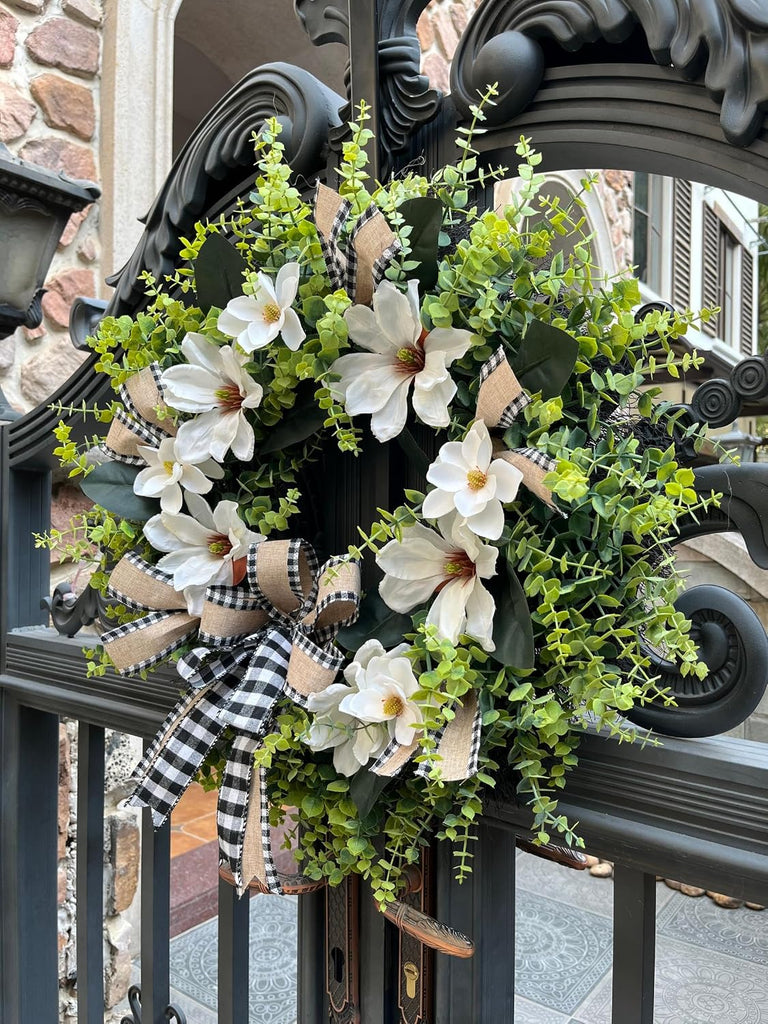 24 Inch Artificial Magnolia Wreath for Front Door - Farmhouse Boxwood Greenery Wreath with Buffalo Plaid Bow