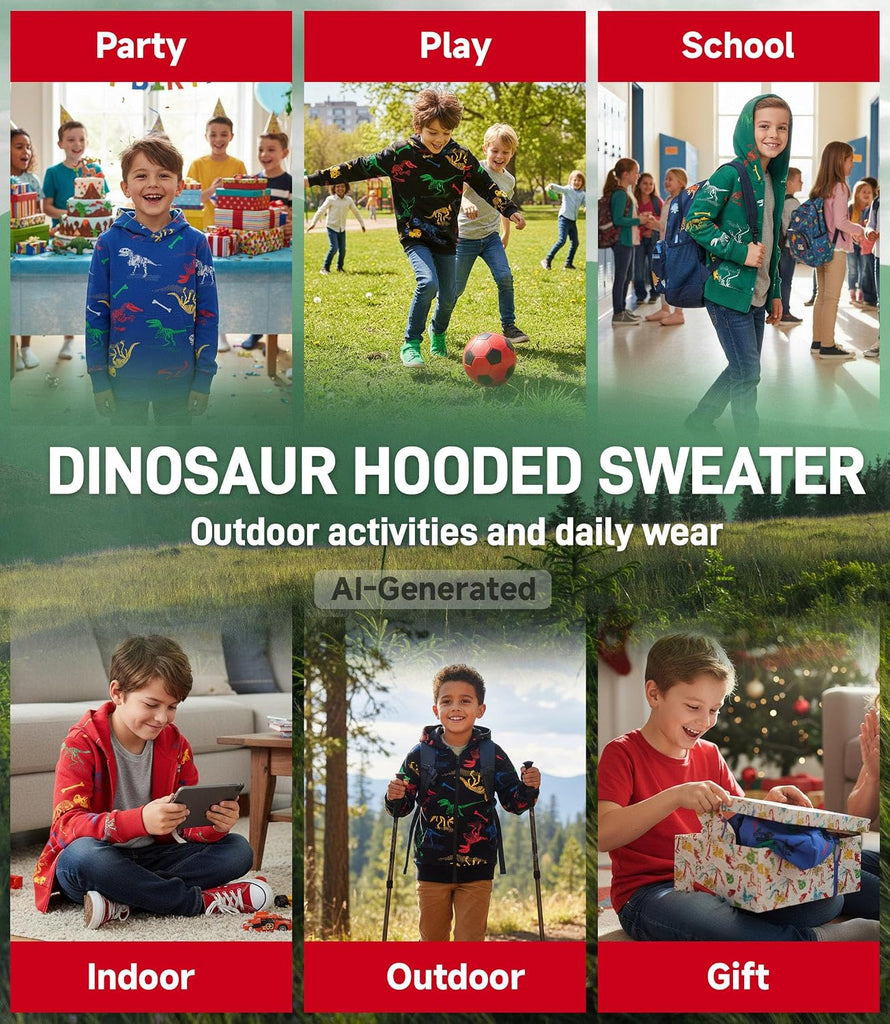 Kids Dinosaur Hoodie, Boys Girls Zip Up Sweatshirt Pullover