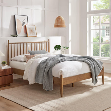 Zane King Size Spindle Bed in Walnut - Solid Wood Platform Bed Frame with Headboard, No Box Spring Needed
