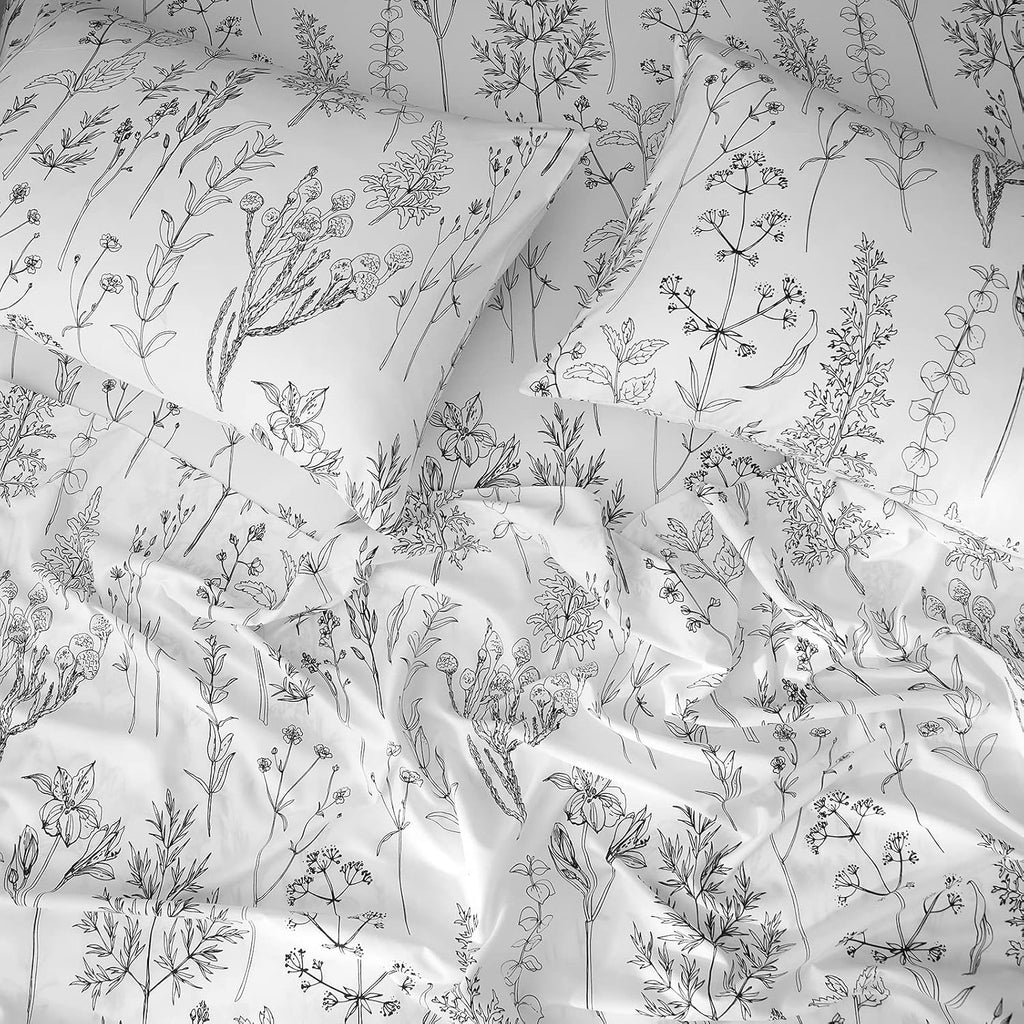 Floral Sheets Queen,18 inches Deep Pocket Sheets, 1800 Thread Count Black and White Leaf Floral Bed Sheets Soft