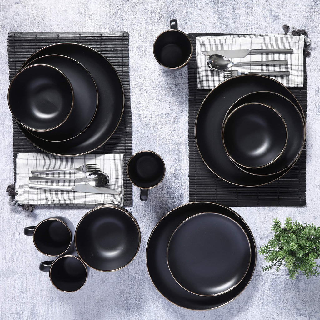 Rockaway 16-Piece Round Stoneware Dinnerware Set, Service for 4 - Black with Gold Rim Plates and Bowls