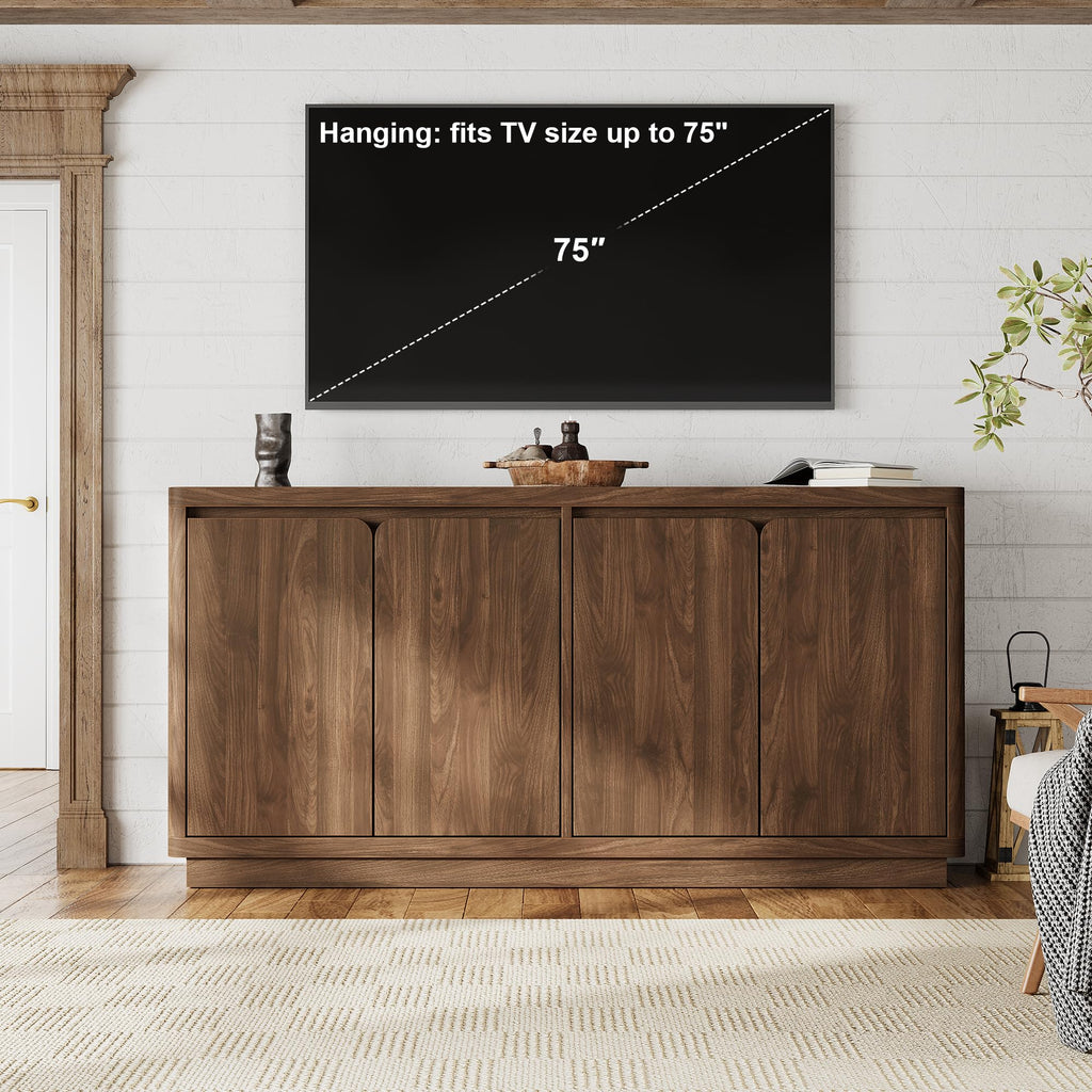 63" Buffet Cabinet with Storage & Power Outlet, Wood Sideboard Credenza with Double-Arc Doors, Modern Coffee Bar